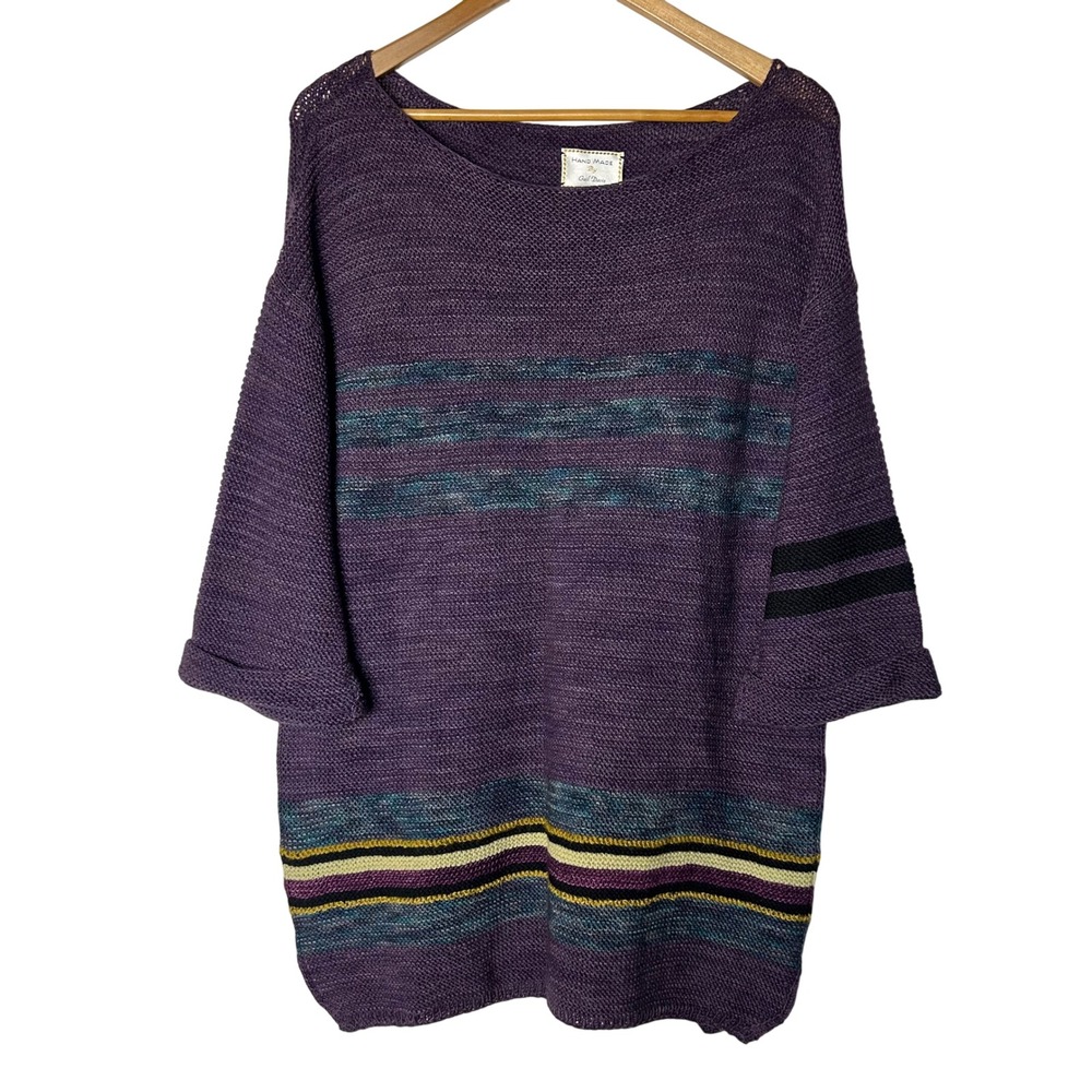 Handmade Sweater M Gail Davis‎ Purple Striped Knit Boat Neck Oversized Top
